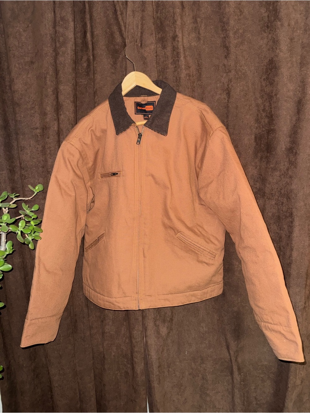 Corner stone Men's Tan Canvas Jacket with Dark Collar - Picture 3 of 6
